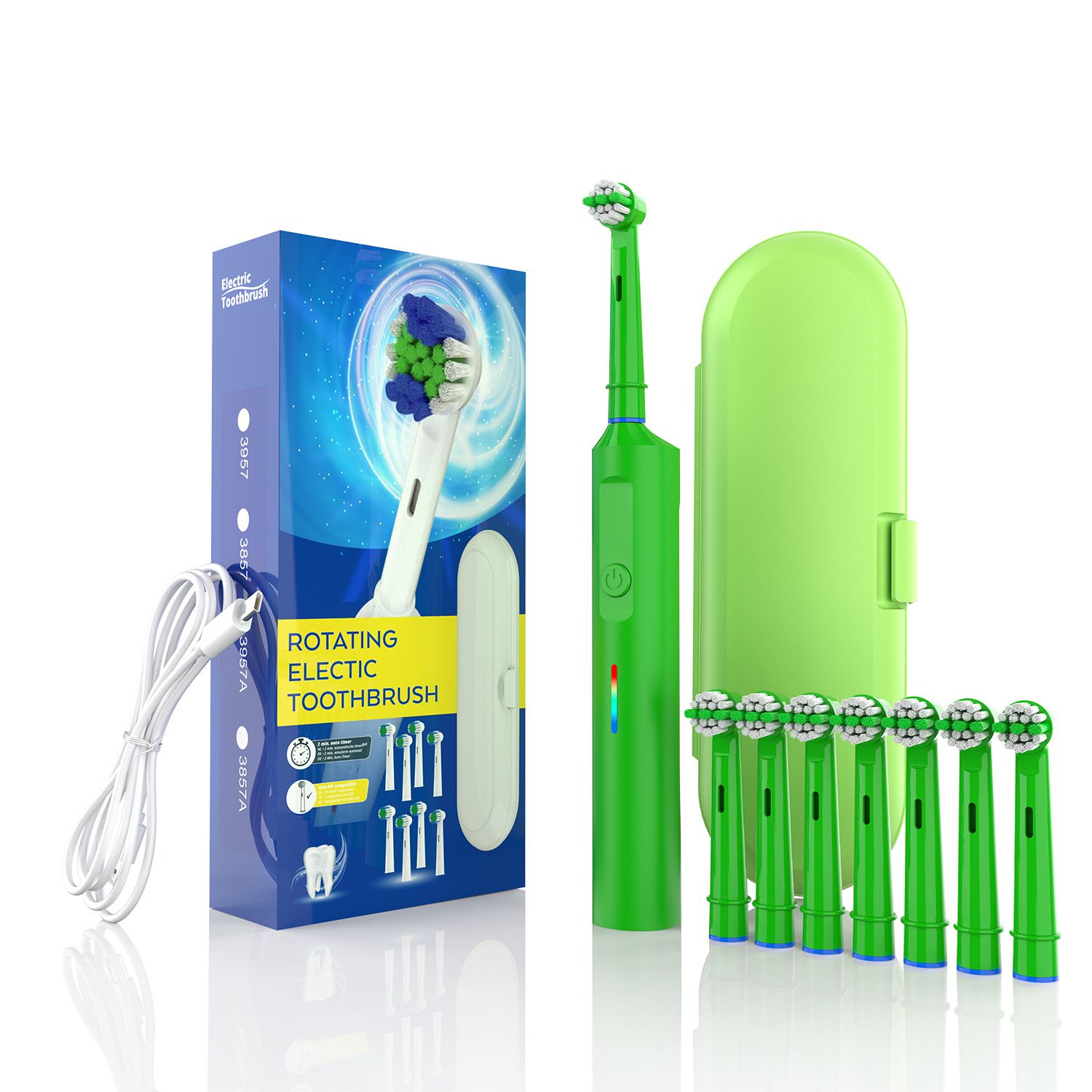 Rotating Electric Toothbrush with 3D Cleaning Action - 3 Modes, IPX7 Waterproof, with Travel Case &amp; 6 Brush Heads(green)