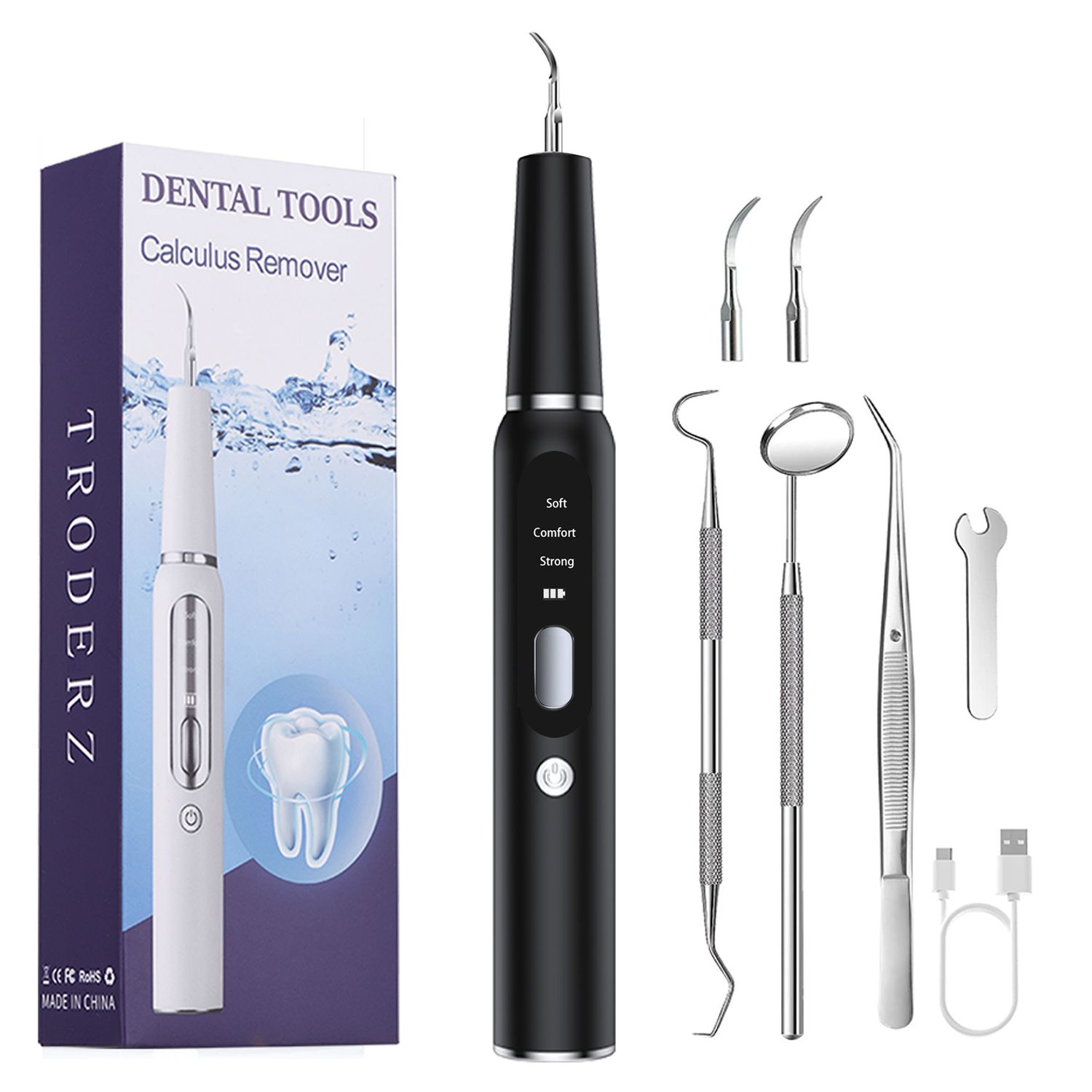 Black Portable Ultrasonic Dental Cleaner, Home Use Plaque Remover, Sonic Tooth Stain &amp; Tartar Cleaning Tool