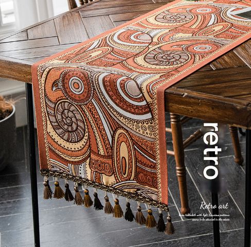 Retro American Retro Jacquard Embroidered Table Runner - Light Luxury Table Mat 30cm x 180cm with Tassels