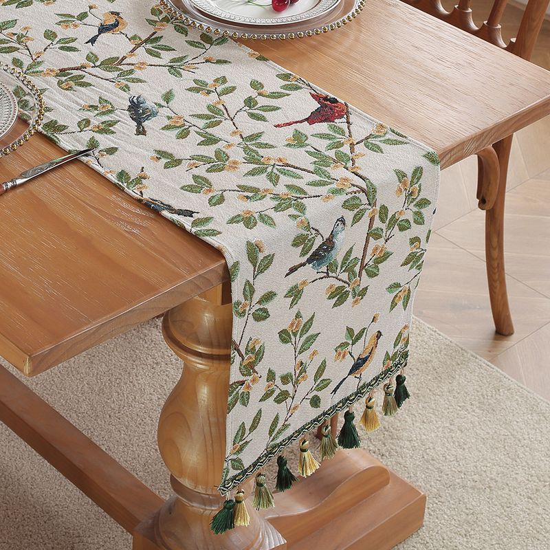 Magpie American Retro Jacquard Embroidered Table Runner - Light Luxury Table Mat 30cm x 180cm with Tassels
