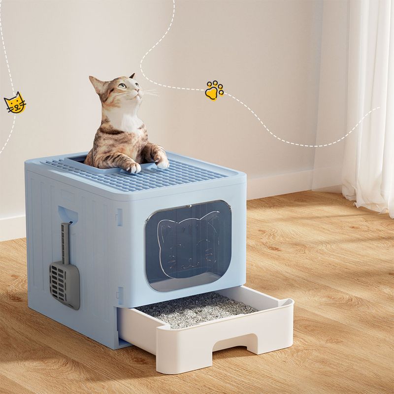 i.Pet Cat Litter Box Large Tray Kitty Toilet Enclosed Hooded Foldable Cat Litter Box Scoop Blue