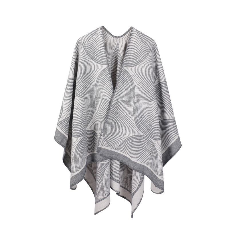 Grey Geometric Print Cape - Cozy Knit Poncho for Women (165x130cm)