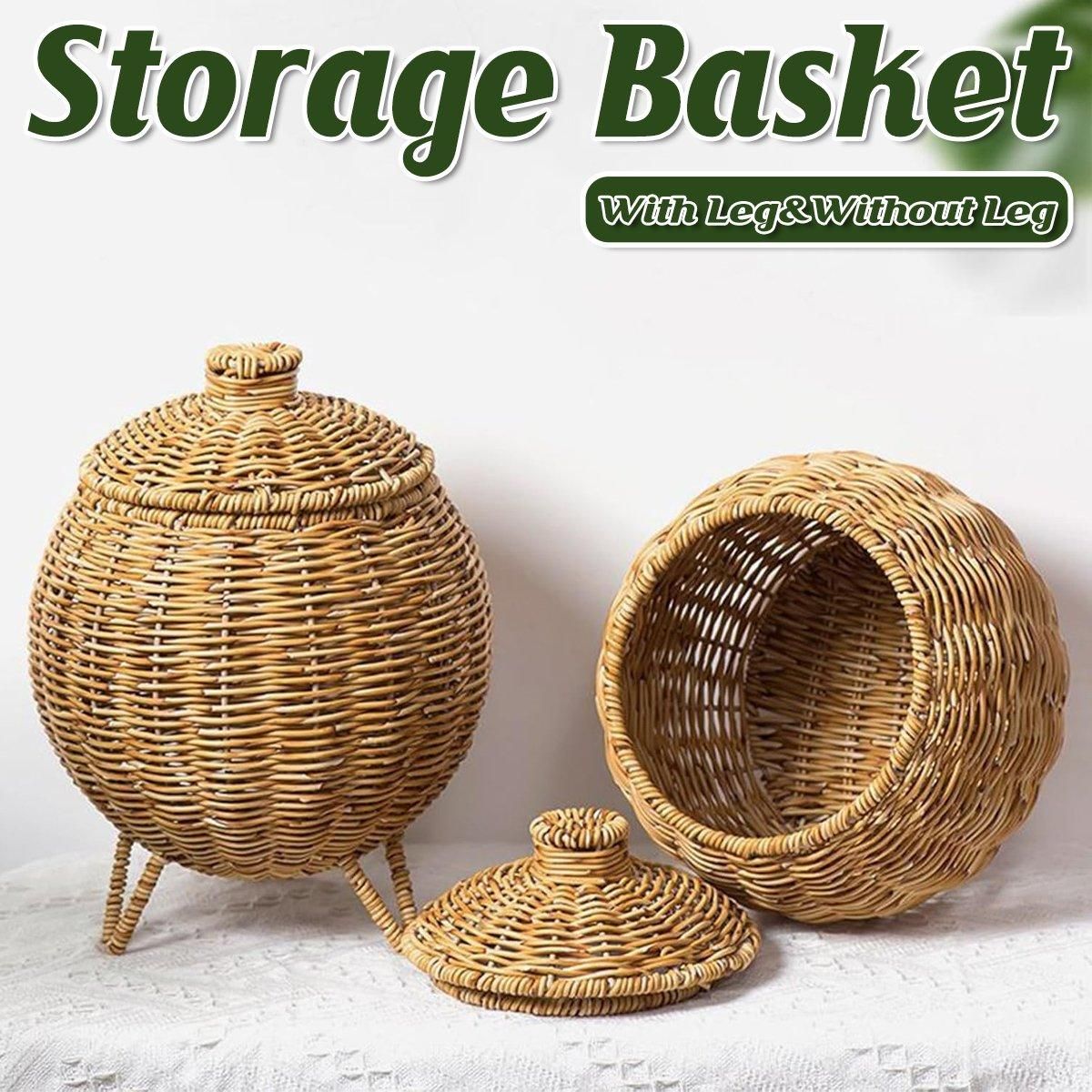 Hand Woven Storage Container with Lid Tabletop Basket Sundries Holder Organizer - Without Legs