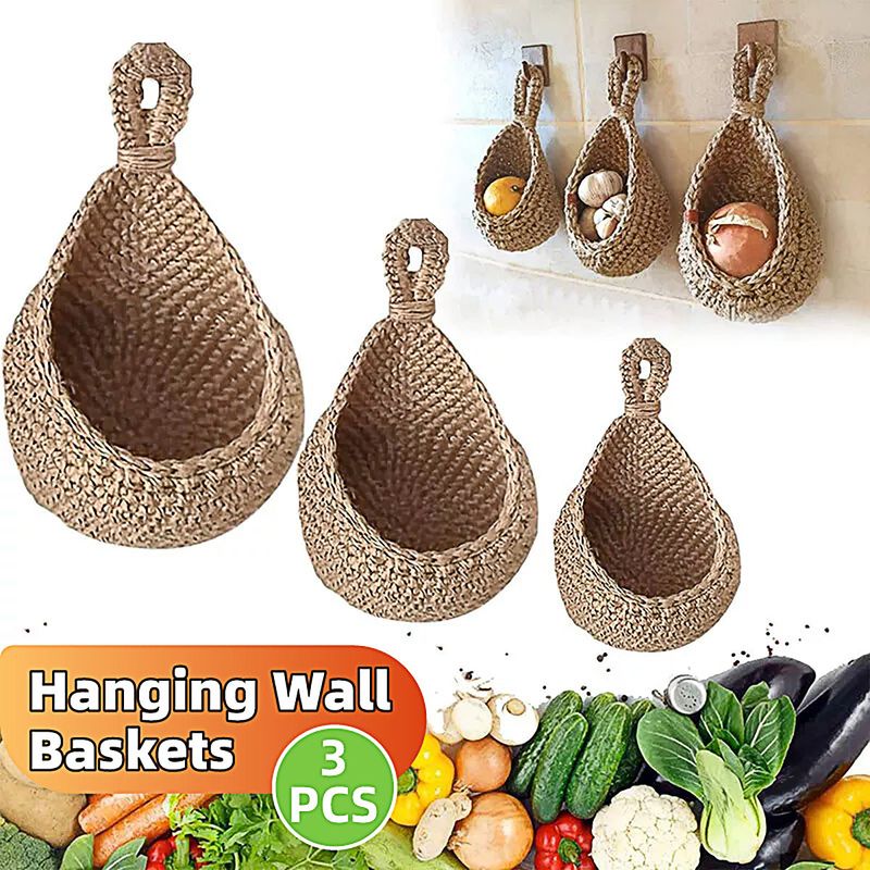 3pcs Boho Hanging Wall Baskets Woven Vegetable Fruit Storage Pouch Kitchen Decor