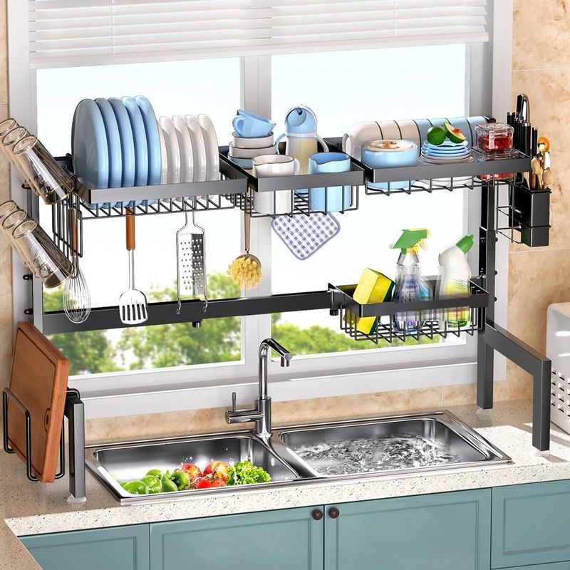 CARLA HOME Adjustable Over the Sink Dish Drying Rack with Utensil Holder, Hooks &amp; Cutting Board Rack for Kitchen Counter Storage