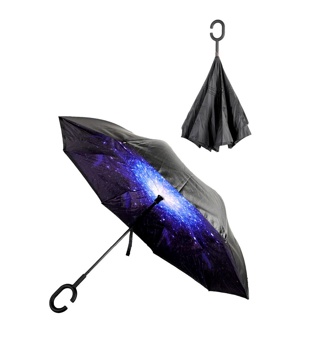 Reverse Umbrella Windproof Double Layer C-Handle Inverted Folding in Galaxy Print