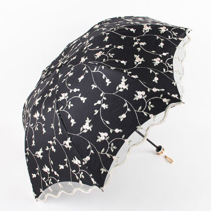 Ivy black Elegant Lace Parasol - UV Protection, Sun &amp; Rain Umbrella, Tri-Fold Design