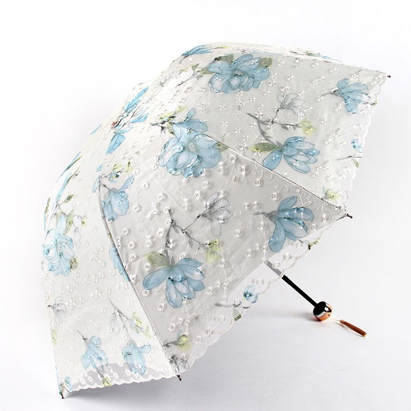 Water blue Elegant Lace Parasol - UV Protection, Sun &amp; Rain Umbrella, Tri-Fold Design