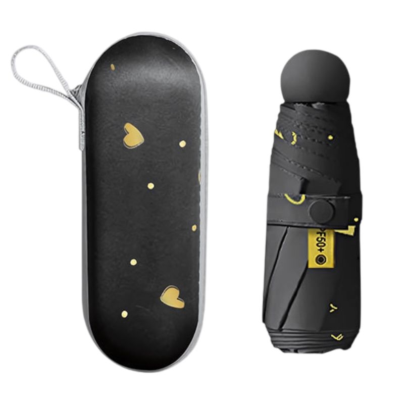 Black Ultra-Compact 5-Fold Waterproof All-Weather Umbrella for Women - Heart Pattern, Black Glue UV Protection, 8-Rib Frame,  Portable Capsule Parasol