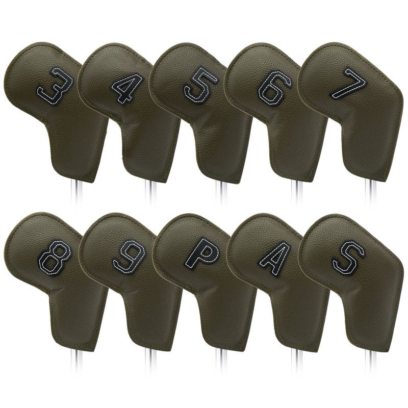 Gray Green Golf Iron Head Covers Set of 10 - Waterproof PU Leather Club Protectors with Embroidered Numbers (3-9, P, A, S)