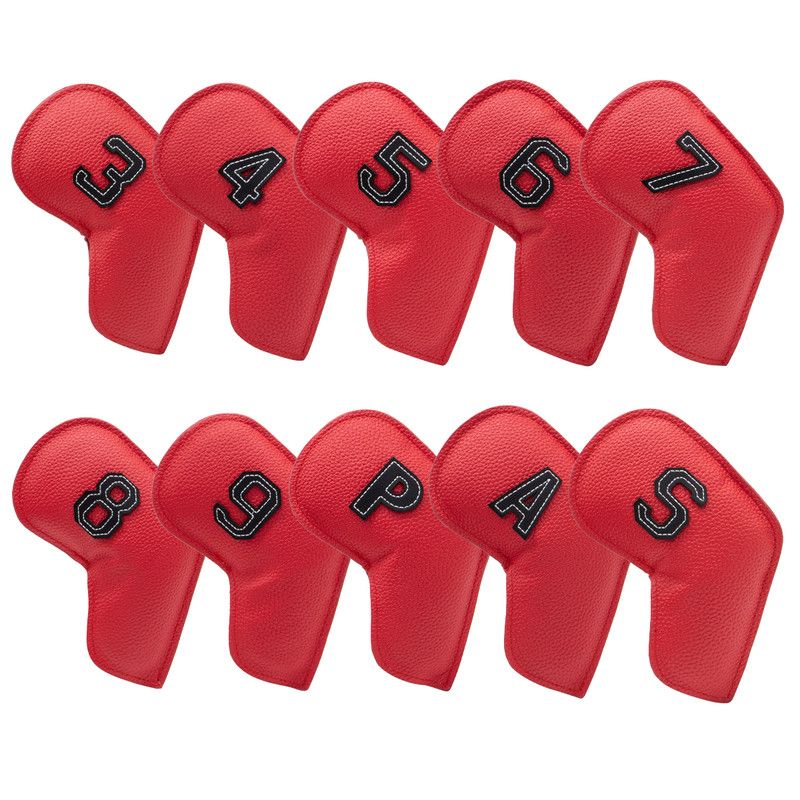 Red Golf Iron Head Covers Set of 10 - Waterproof PU Leather Club Protectors with Embroidered Numbers (3-9, P, A, S)