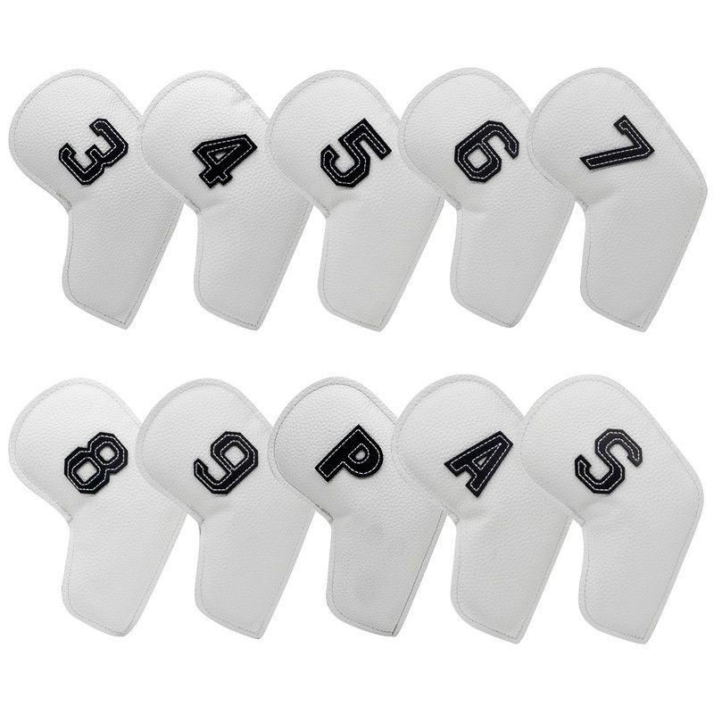 White Golf Iron Head Covers Set of 10 - Waterproof PU Leather Club Protectors with Embroidered Numbers (3-9, P, A, S)