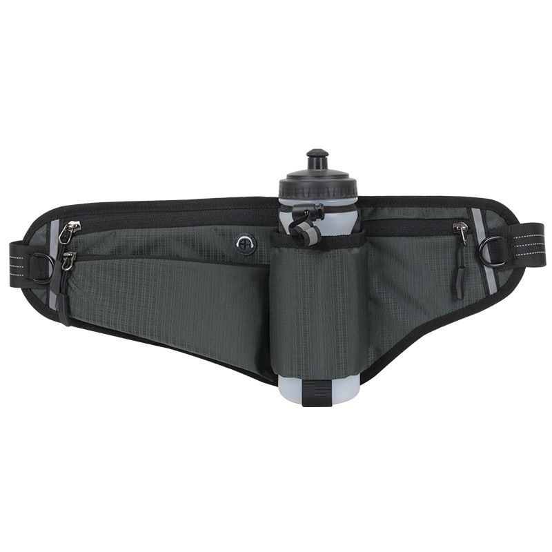 Dark Grey Adjustable Running Waist Pack with Water Bottle Holder, Reflective Design, and Multiple Storage Pockets for Outdoor Activities