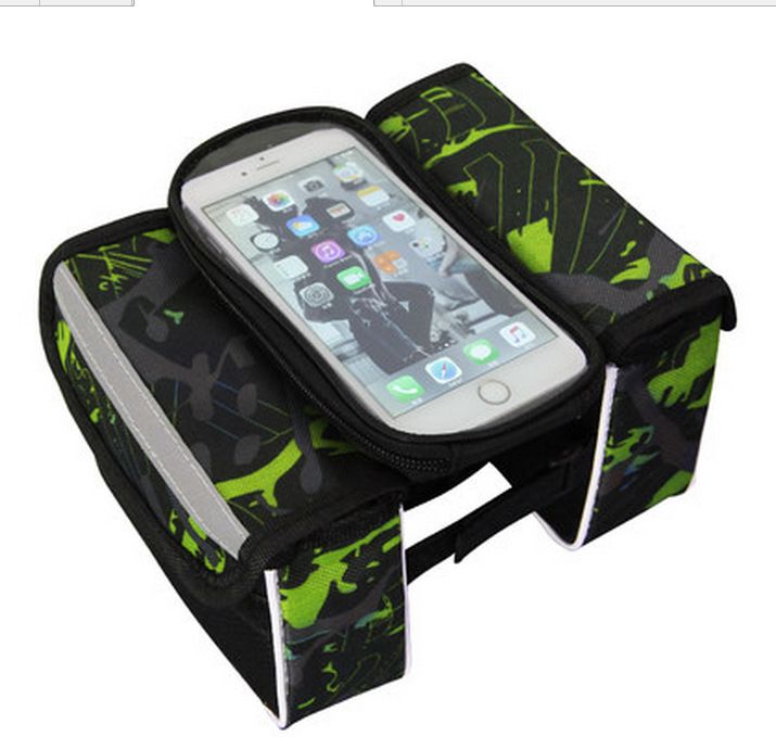 Green Bicycle Top Tube Frame Bag with Detachable Touch Screen Phone Holder Waterproof Double Pouch Cycling Saddle Bag for Mountain Bikes