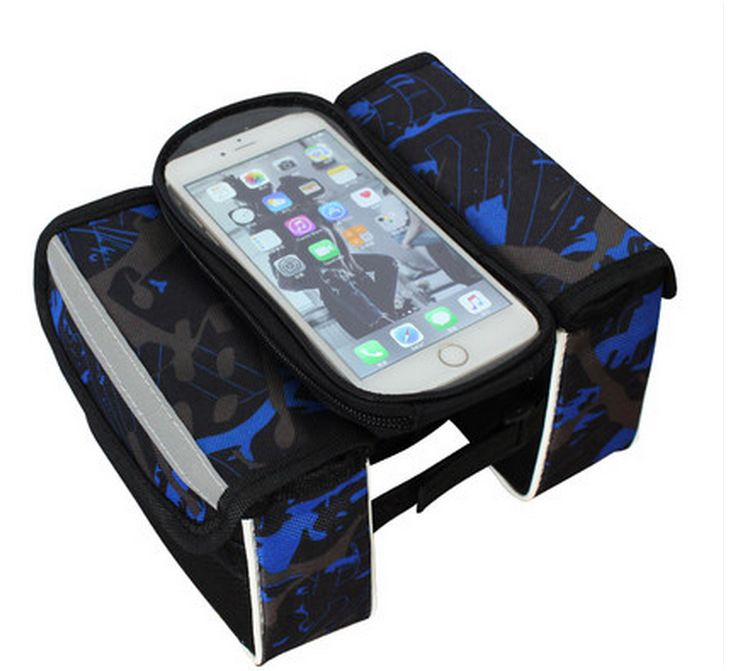 Blue Bicycle Top Tube Frame Bag with Detachable Touch Screen Phone Holder Waterproof Double Pouch Cycling Saddle Bag for Mountain Bikes