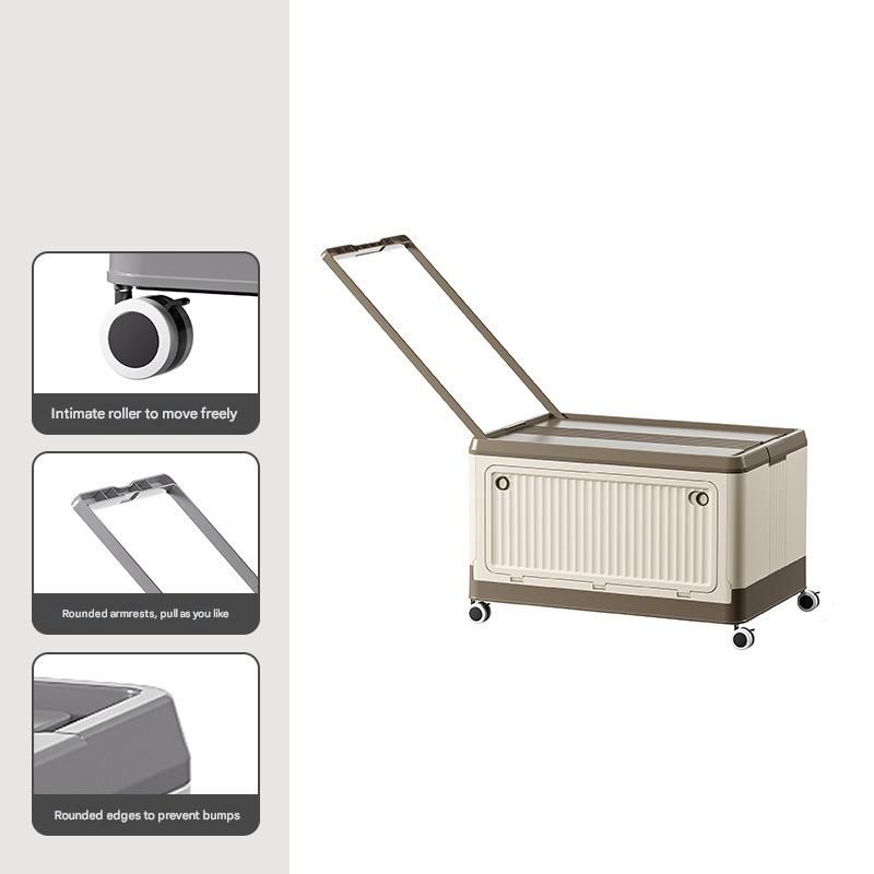 Size L Brown Collapsible Storage Box with Wheels and Telescopic Handle - Stackable Folding Crate for Car &amp; Home