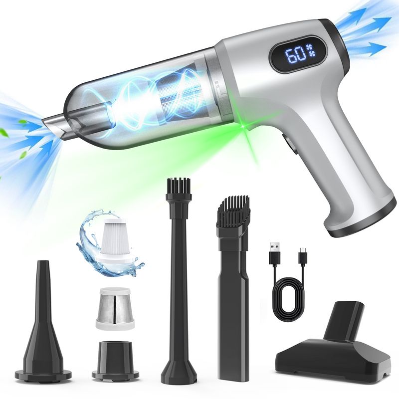 2-in-1 Cordless Handheld Vacuum &amp; Air Duster - 12000Pa Suction, 70000 RPM, LED Light, USB-C Rechargeable(Silver)