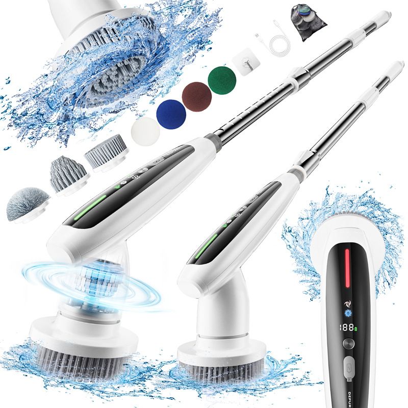 Electric Spin Scrubber with Adjustable Extension Handle &amp; 8 Brush Heads - Smart LED Display
