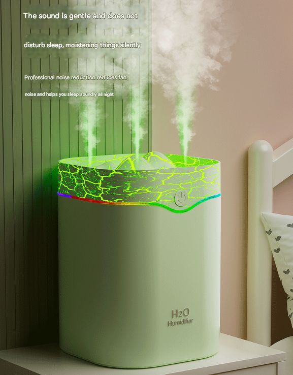 Green Volcano Style 2L Cool Mist Humidifier - Triple Nozzle with RGB LED &amp; Quiet Operation