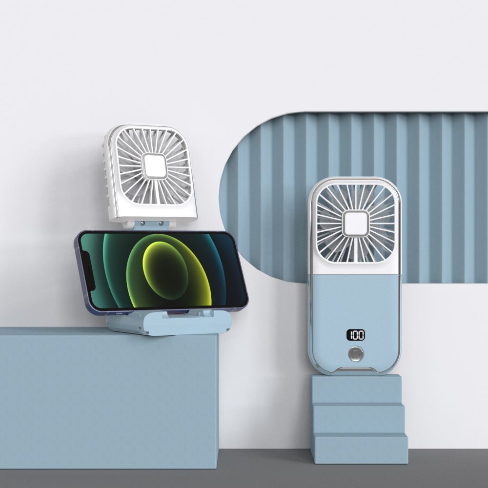 White and blue combination Portable Handheld Fan with Neck Strap &amp; Phone Stand