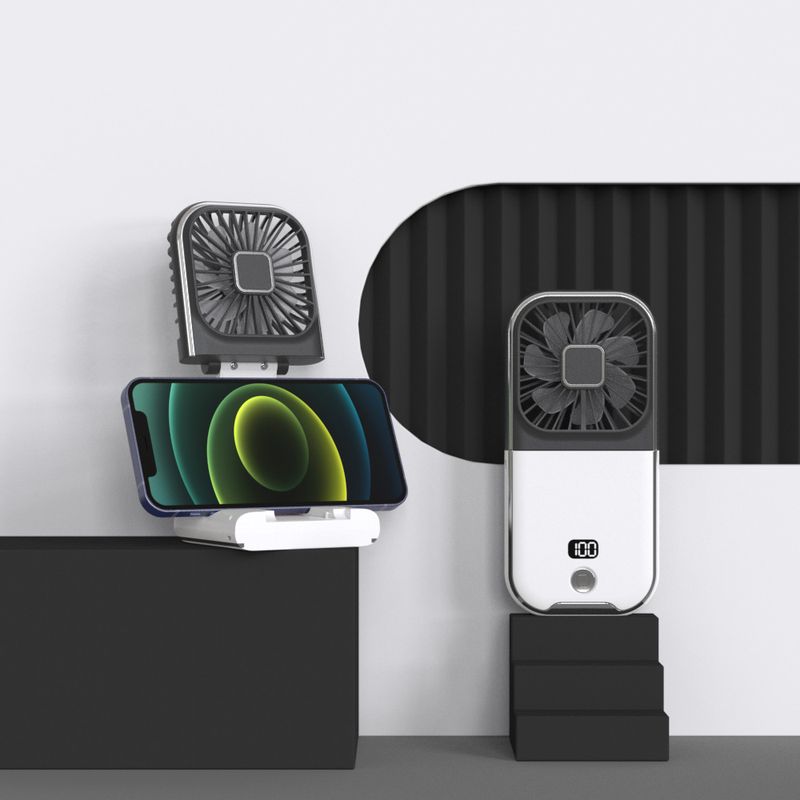 Black and white color Portable Handheld Fan with Neck Strap &amp; Phone Stand