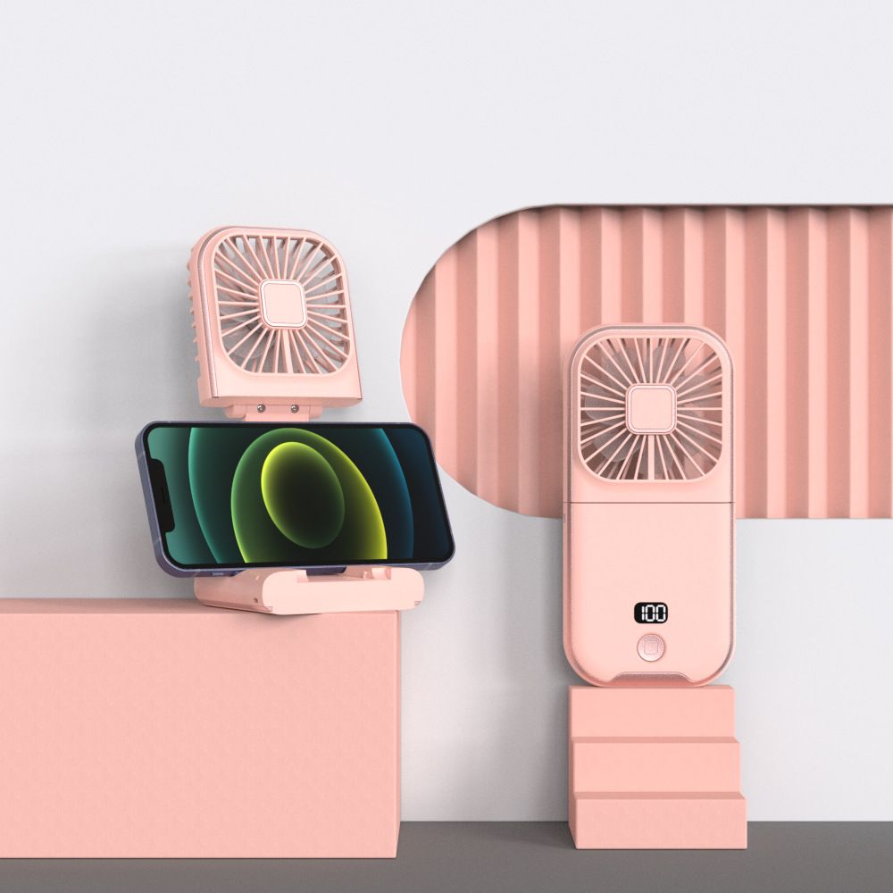 Pink Portable Handheld Fan with Neck Strap &amp; Phone Stand