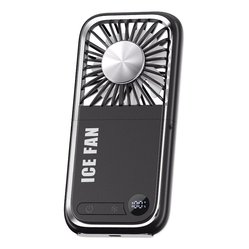 Black Portable Cooling Fan with Neck Lanyard &amp; Phone Stand - USB Rechargeable