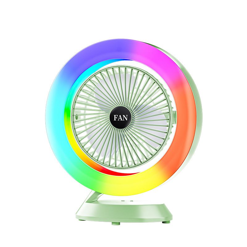 Green RGB Desktop Fan - USB Rechargeable, 3-Speed, 180° Adjustable, LED Light