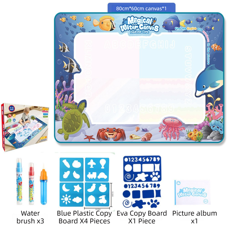 80x60CM Ocean World Water Doodle Mat - Educational Aqua Drawing Blanket, Marine Life Style Deluxe 10-Piece Set