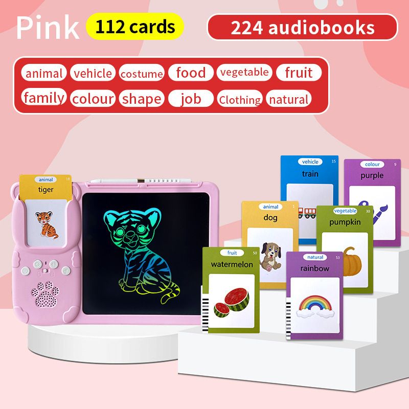 Pink (112 cards, pure English) Kids Interactive Early Education Toy: Combination Card Reader &amp; LCD Drawing Board for Toddlers