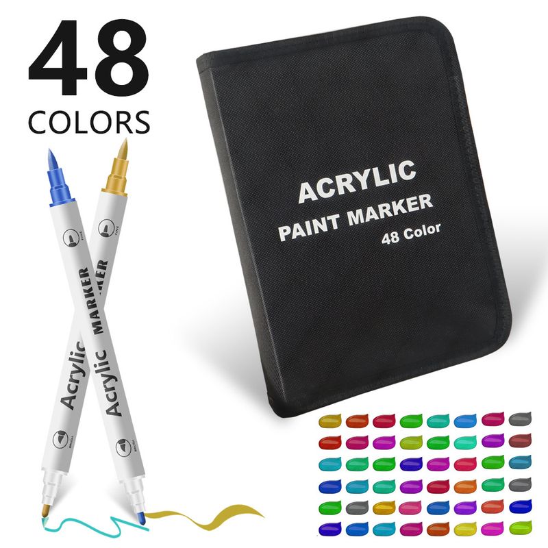 Colorful 48 Colors Dual Tip Acrylic Paint Marker Pens Set - Professional Art Markers with Carry Case for Artists, Crafts, Rock Painting