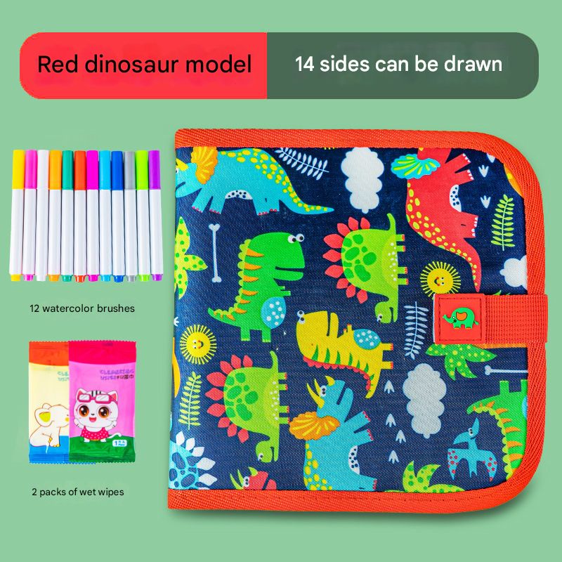 Red dinosaur Portable Reusable Drawing Board for Kids - erasable Doodle Book with Water Chalk Pens - Toddler Travel Activity Toy