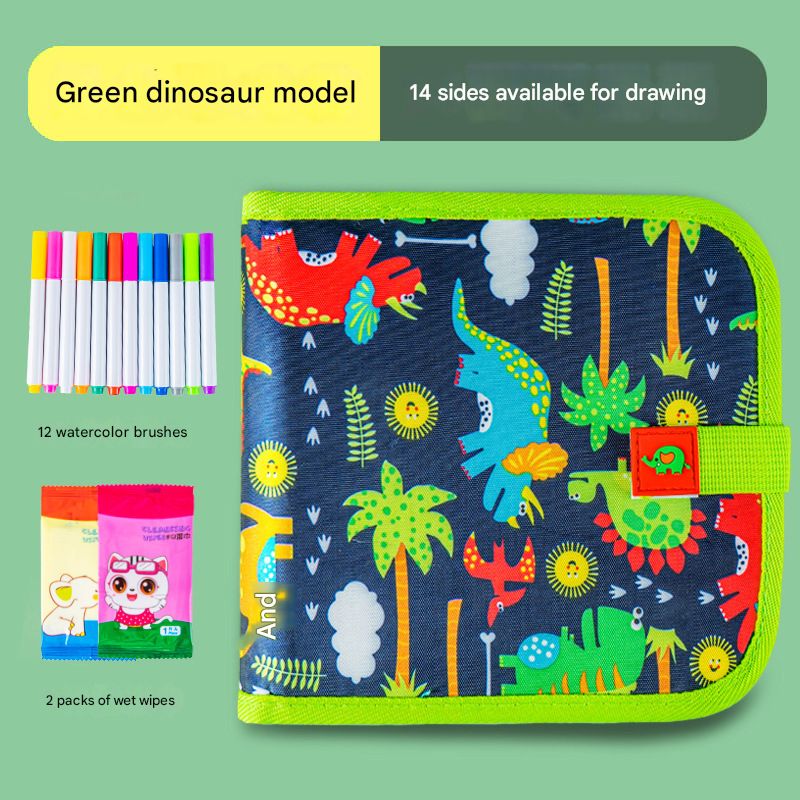 Green dinosaur Portable Reusable Drawing Board for Kids - erasable Doodle Book with Water Chalk Pens - Toddler Travel Activity Toy