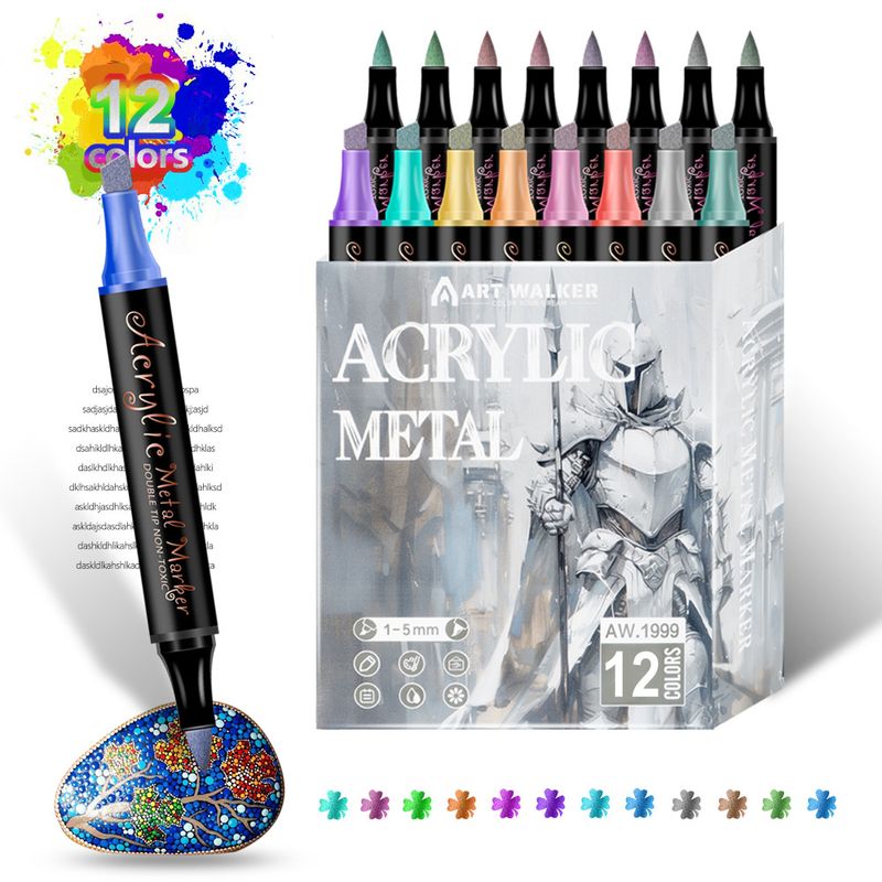 Colorful 12 Colors Dual Tip Metallic Acrylic Paint Pens - Fine Point &amp; Chisel Tip Art Markers for Rock Painting, Crafts, Card Making, Glass