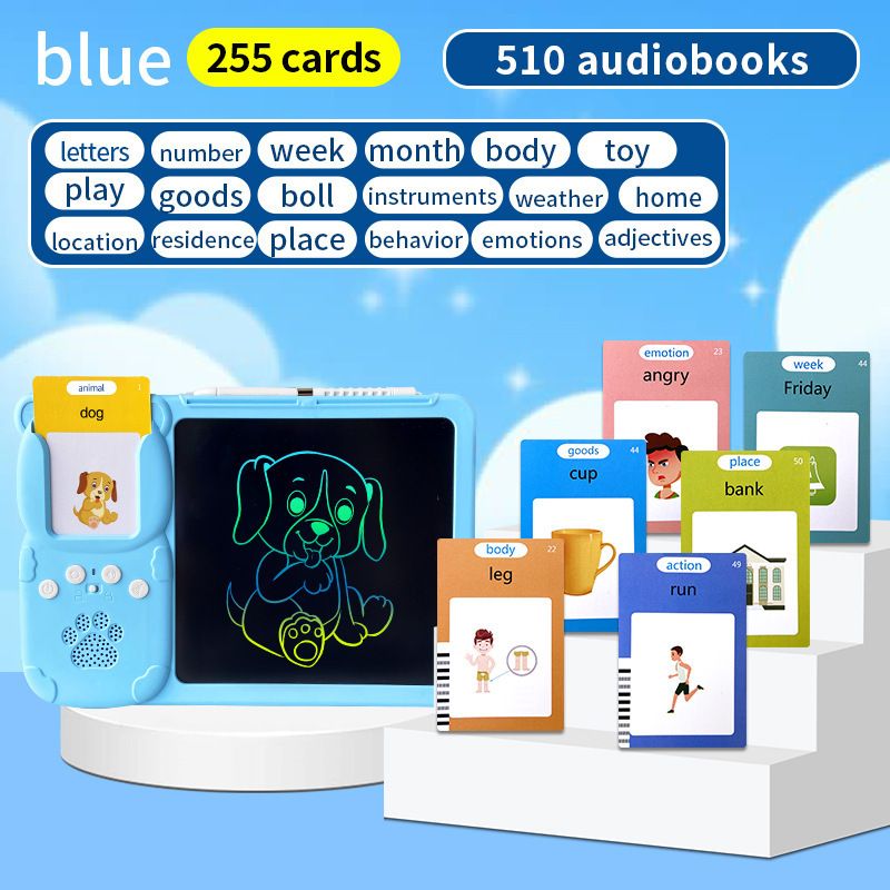 Blue (255 cards, pure English) Kids Interactive Early Education Toy: Combination Card Reader &amp; LCD Drawing Board for Toddlers