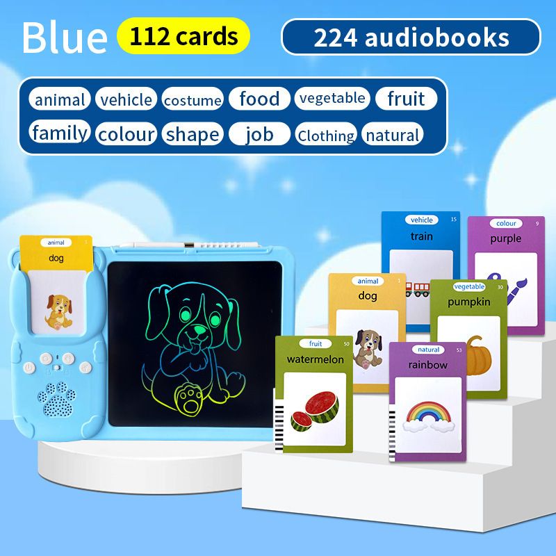 Blue (112 cards, pure English) Kids Interactive Early Education Toy: Combination Card Reader &amp; LCD Drawing Board for Toddlers