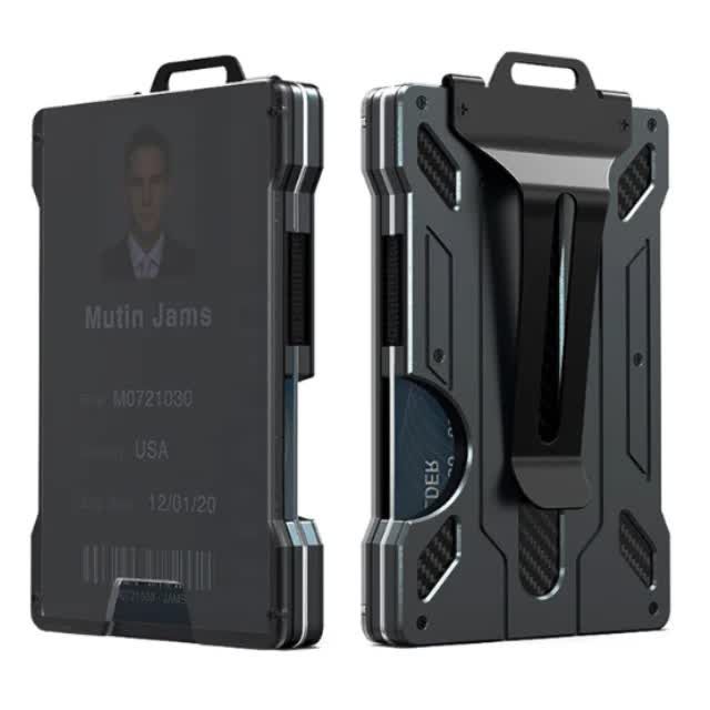 1 Pcs Black Premium RFID Blocking Aluminum Alloy ID Badge Holder with Transparent Card Slot &amp; Money Clip