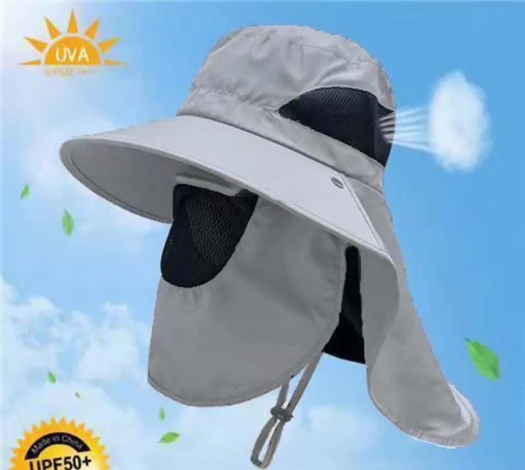 Light Gray Outdoor UV Protection Hat for Men - Detachable Face &amp; Neck Shield, Large Brim Sun Hat for Fishing, Hiking, and Outdoor Activities