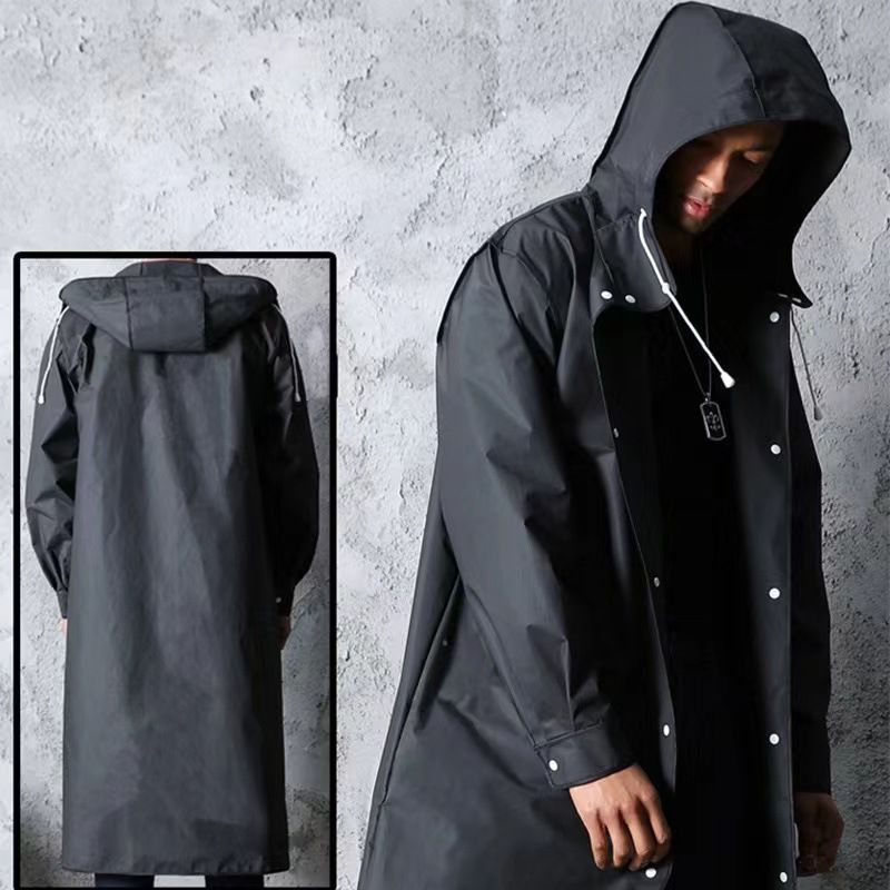 Stylish Black Trench Raincoat - Extra Long, Hooded, for Hiking &amp; Fishing - XXXL