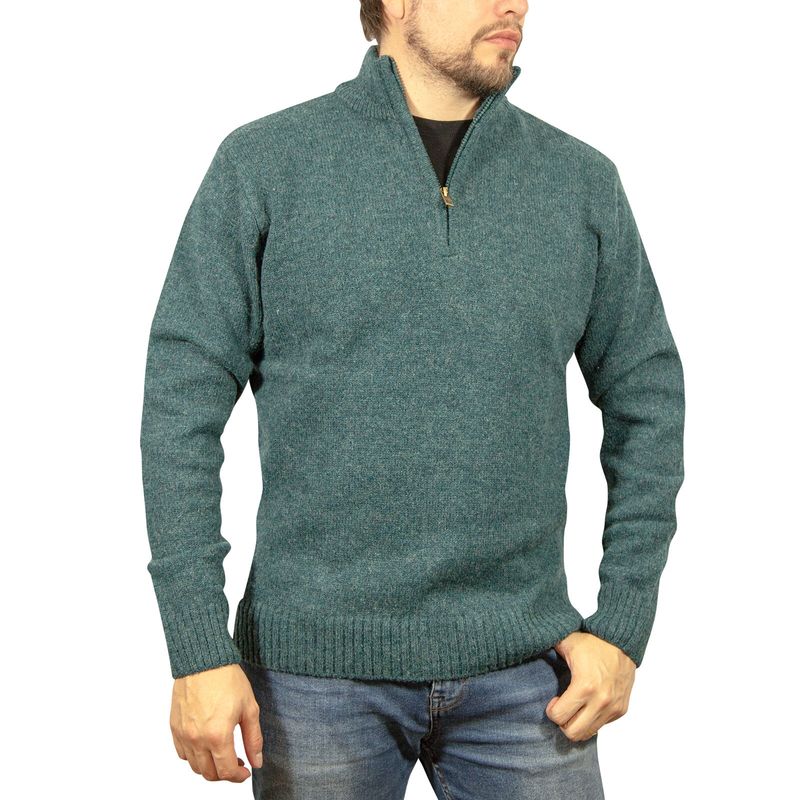 100% SHETLAND RAGG WOOL Half Zip Up Knit JUMPER Pullover Mens Sweater Knitted - Sherwood - M