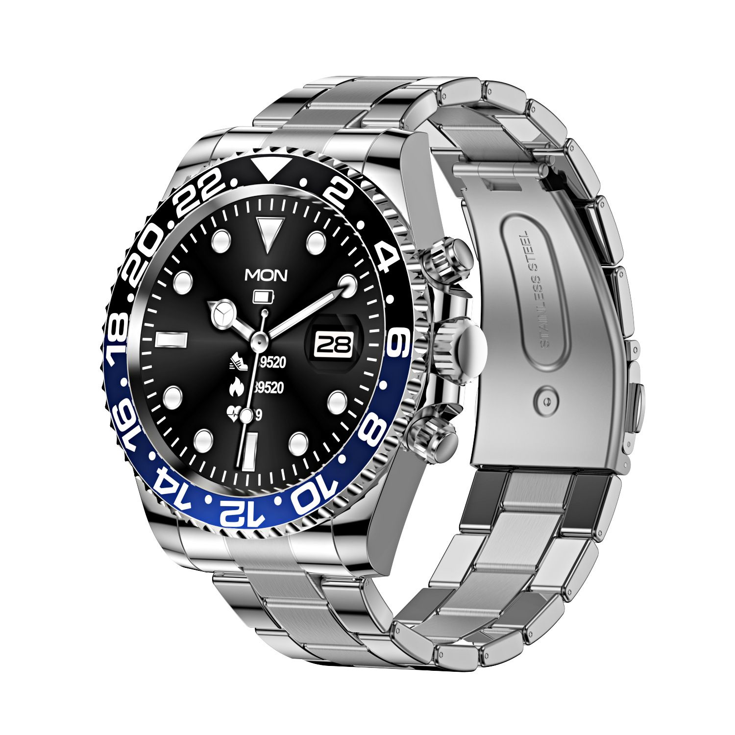 Classic Stainless Steel Smartwatch with Rotating Timer Bezel, Bluetooth Calling &amp; Luminous Display(blue and black)
