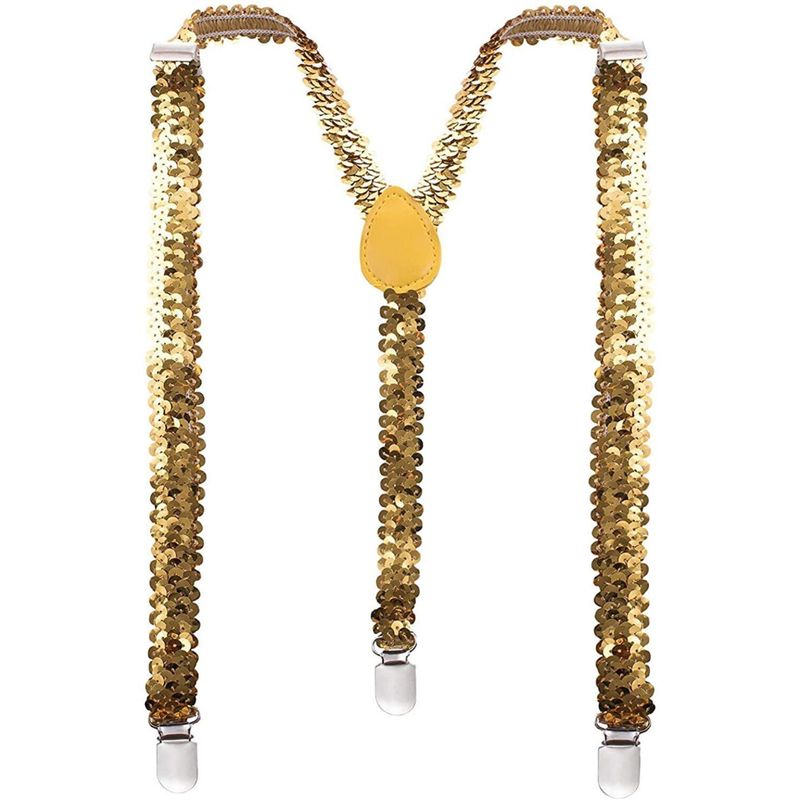 Mens Suspenders Braces Adjustable Strong Clip On Elastic Formal Wedding Slim - Gold (Sequin)