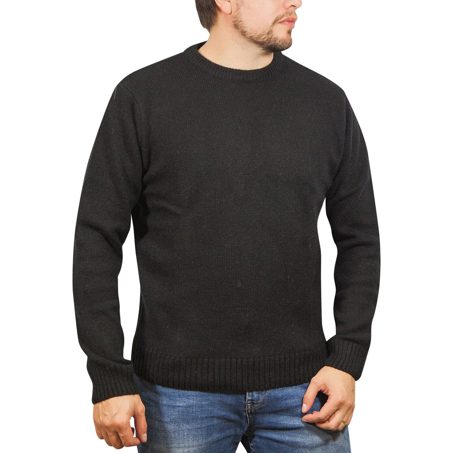 100% SHETLAND RAGG WOOL CREW Round Neck Knit JUMPER Pullover Mens Sweater Knitted - Plain Black - L