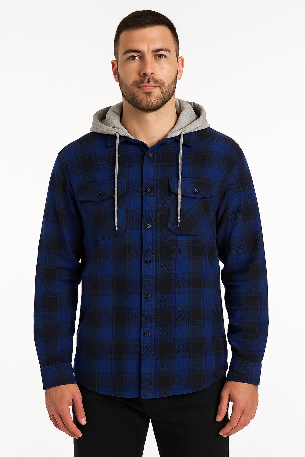 Mens Cotton Flannelette Shirt w Jersey Hood Long Sleeve Flannel - Royal Blue - S