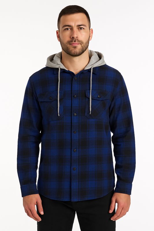 Mens Cotton Flannelette Shirt w Jersey Hood Long Sleeve Flannel - Royal Blue - S
