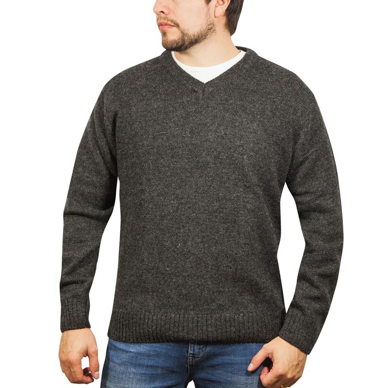 100% Shetland Ragg Wool V Neck Knit Jumper Pullover Mens Sweater Knitted - Charcoal - S