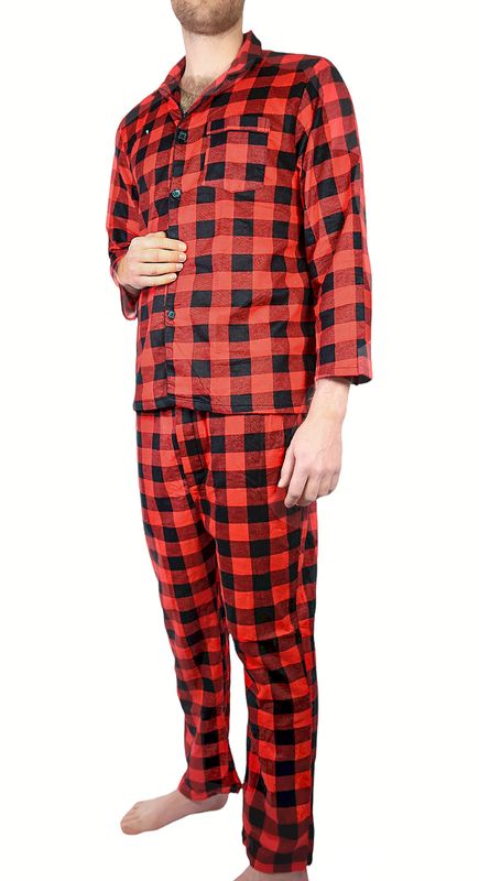 Mens Flannelette Pyjama Set Sleepwear Soft 100% Cotton PJs Two Piece Pajamas - Red - 3XL