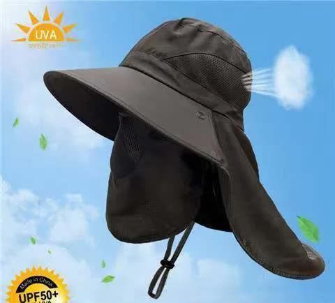 Black Outdoor UV Protection Hat for Men - Detachable Face &amp; Neck Shield, Large Brim Sun Hat for Fishing, Hiking, and Outdoor Activities