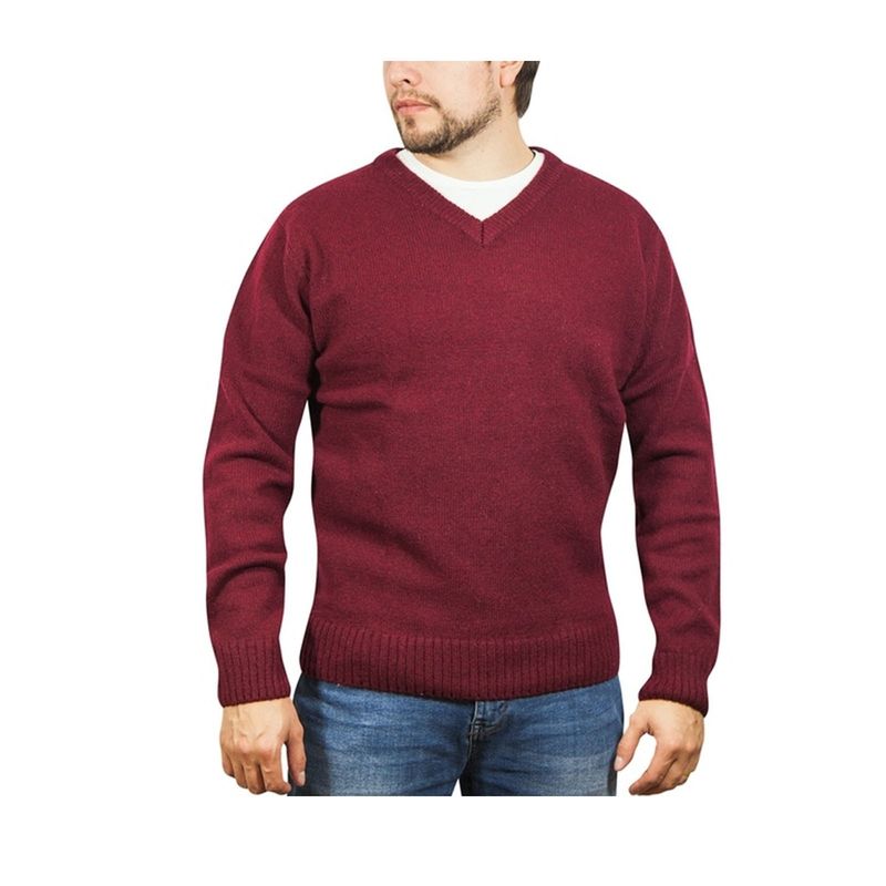 100% Shetland Ragg Wool V Neck Knit Jumper Pullover Mens Sweater Knitted - Burgundy - S