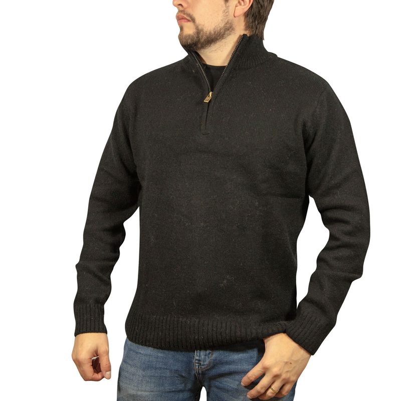 100% SHETLAND RAGG WOOL Half Zip Up Knit JUMPER Pullover Mens Sweater Knitted - Plain Black - S